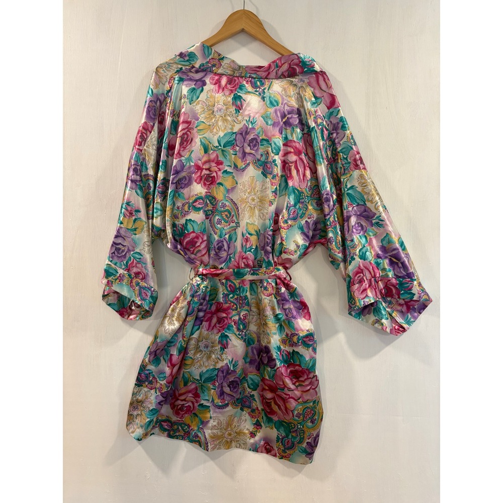 Vintage Adonna Woman Floral Satin Robe Pink Purple Paisley Kimono 2X USA - Picture 6 of 16
